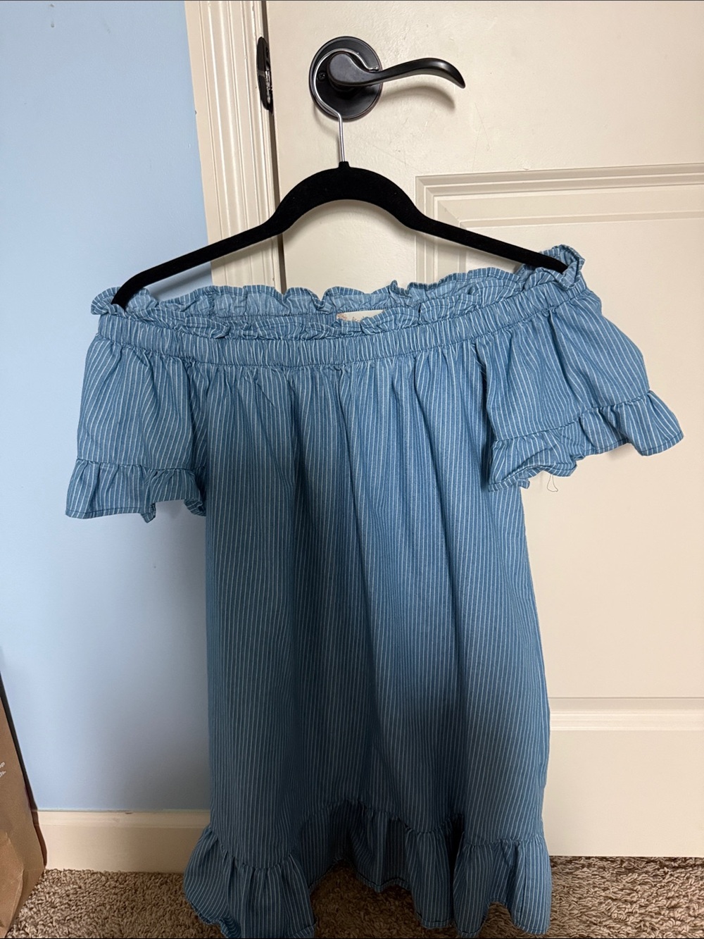 Altar'd State Blue Striped Off-Shoulder Ruffle Mini Dress